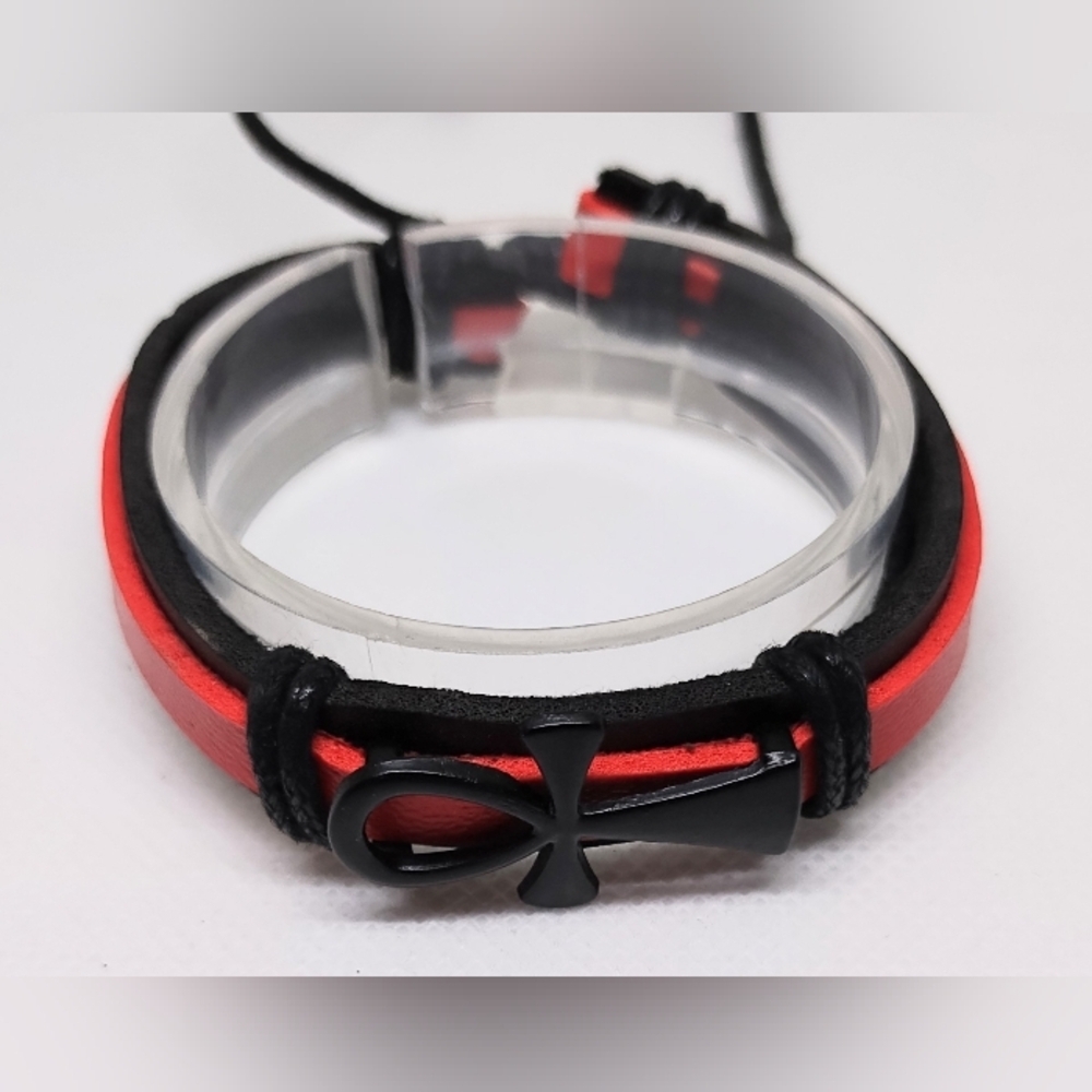 Men's Bracelet Leather Cross Black Red New F29